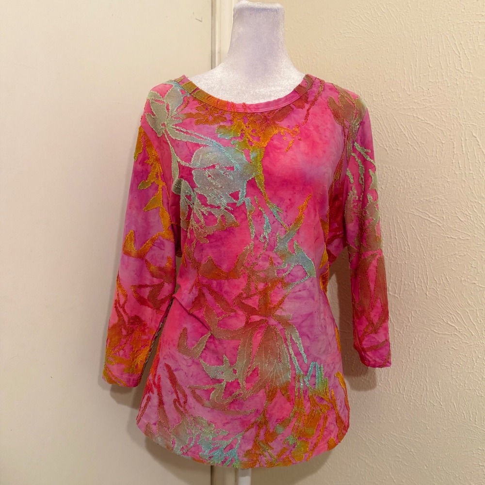 Calessa Pink Neon Tie Dye Burnout Floral 3/4 Sleeve Textured Rainbow Top Sz L